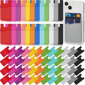 Fulmoon 72 Pcs Phone Card Holder for Back of Phone Silicone Adhesive Wallet Phone Case Pouch 2 Pocket Phone Wallet Stick on Cell Phone Sleeve for Most Smartphones ID Business Credit Cards, 12 Colors