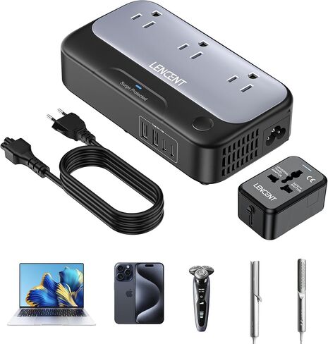 مجموعة محول جهد 220 فولت إلى 110 فولت، محول LENCENT موجة جيبية نقية 250 وات للسفر الأوروبي، محول طاقة دولي 3 منافذ تيار متردد، محول قابس الاتحاد الأوروبي/المملكة المتحدة/الاتحاد الأفريقي/الولايات المتحدة مع 2 USB 2 نوع C in Kuwait