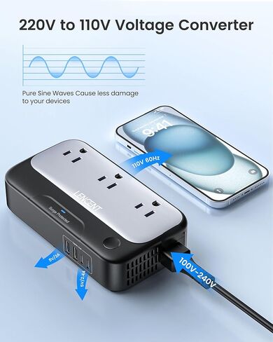 مجموعة محول جهد 220 فولت إلى 110 فولت، محول LENCENT موجة جيبية نقية 250 وات للسفر الأوروبي، محول طاقة دولي 3 منافذ تيار متردد، محول قابس الاتحاد الأوروبي/المملكة المتحدة/الاتحاد الأفريقي/الولايات المتحدة مع 2 USB 2 نوع C in Kuwait
