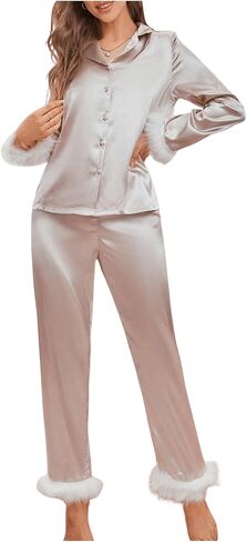 Verdusa Women's Fuzzy Fur Trim Satin Pajama Set Button Down Long Sleeve Shirt with Pants in Saudi Arabia
