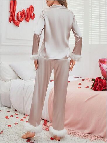 Verdusa Women's Fuzzy Fur Trim Satin Pajama Set Button Down Long Sleeve Shirt with Pants in Saudi Arabia
