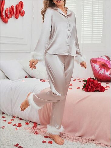 Verdusa Women's Fuzzy Fur Trim Satin Pajama Set Button Down Long Sleeve Shirt with Pants in Saudi Arabia