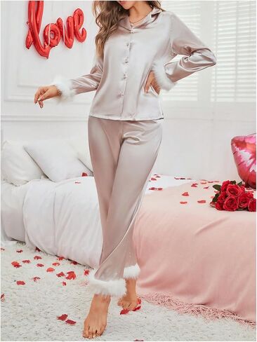 Verdusa Women's Fuzzy Fur Trim Satin Pajama Set Button Down Long Sleeve Shirt with Pants in Saudi Arabia