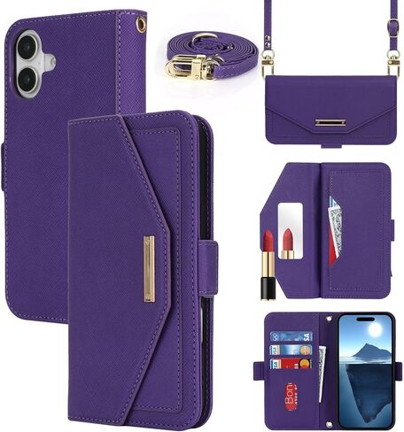 Jaorty Crossbody Wallet for iPhone 16 Case with Strap, Credit Card Holder,Adjustable Shouler Lanyard, 6.1",PU Leather Handbag Purse Kickstand Make Up Mirror Cover Case for Women Girl,Black in Saudi Arabia