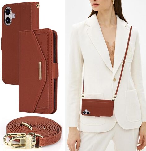 ANSHOW Crossbody Case for iPhone 16 Pro Wallet Case, with Adjustable Long Shoulder Strap, Leather Case with Card Slots, Magnetic Flip Folio Case Built-in Kickstand, Purse Case for Women, Black in Saudi Arabia