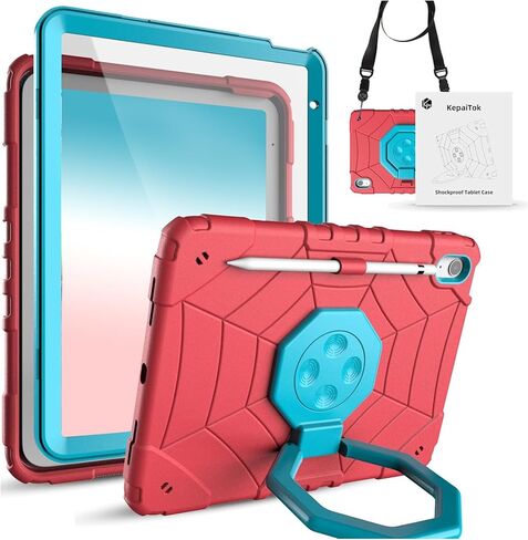 Case for iPad 10th Generation 10.9 Inch 2022, 360°Rotate Stand iPad 10th Generation Rugged Shockproof Cover with Screen Protector, Pencil Holder and Shoulder Strap for Kids (Red) in Saudi Arabia