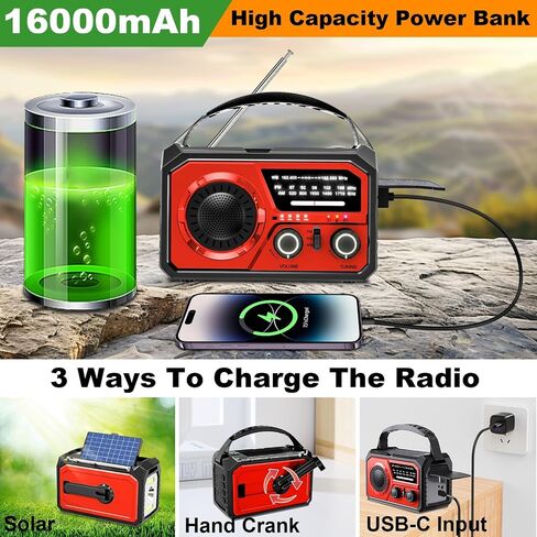 16000mAh Hand Crank Emergency Weather Radio with Wireless Speaker, 59200mWh NOAA AM FM Solar Radio with Flashlight Cell Phone Charger Reading Lamp Compass SOS for Camping and Survival (Red) in Saudi Arabia