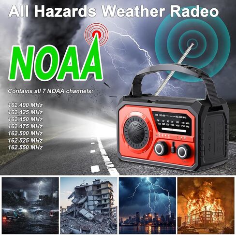 16000mAh Hand Crank Emergency Weather Radio with Wireless Speaker, 59200mWh NOAA AM FM Solar Radio with Flashlight Cell Phone Charger Reading Lamp Compass SOS for Camping and Survival (Red) in Saudi Arabia