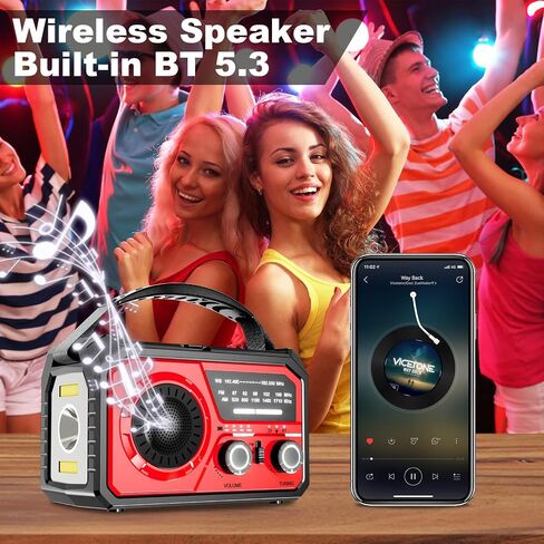 16000mAh Hand Crank Emergency Weather Radio with Wireless Speaker, 59200mWh NOAA AM FM Solar Radio with Flashlight Cell Phone Charger Reading Lamp Compass SOS for Camping and Survival (Red) in Saudi Arabia