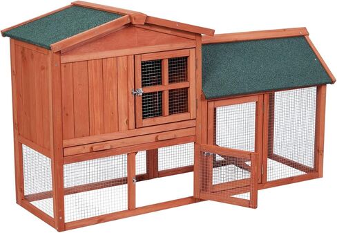 54in Wooden Rabbit Hutch, Outdoor Chicken Coop, Bunny Hutch Guinea Pig Pet House Bunny Cage with Side Runs, Weatherproof Roof, Open Courtyard, Removable Tray, Ramps for Small Animals in Kuwait