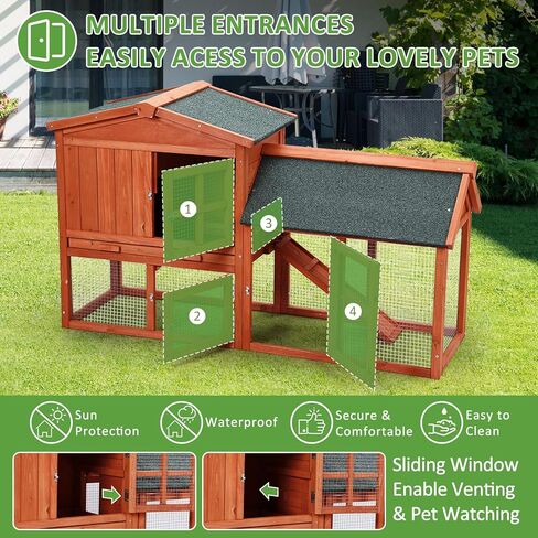 54in Wooden Rabbit Hutch, Outdoor Chicken Coop, Bunny Hutch Guinea Pig Pet House Bunny Cage with Side Runs, Weatherproof Roof, Open Courtyard, Removable Tray, Ramps for Small Animals in Kuwait