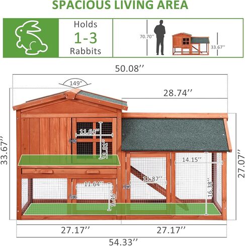 54in Wooden Rabbit Hutch, Outdoor Chicken Coop, Bunny Hutch Guinea Pig Pet House Bunny Cage with Side Runs, Weatherproof Roof, Open Courtyard, Removable Tray, Ramps for Small Animals in Kuwait