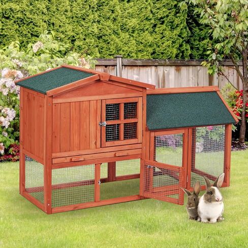 54in Wooden Rabbit Hutch, Outdoor Chicken Coop, Bunny Hutch Guinea Pig Pet House Bunny Cage with Side Runs, Weatherproof Roof, Open Courtyard, Removable Tray, Ramps for Small Animals in Kuwait