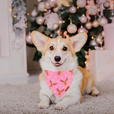PTDECOR Christmas Dog Bandana,Xmas Pink Scarf Santa Deer Dog Bandana Reversible Holiday Dog Scarf, Pink Female Dog Christmas Bandanas for Medium Large Dogs Pets (Pink, Large) in Kuwait