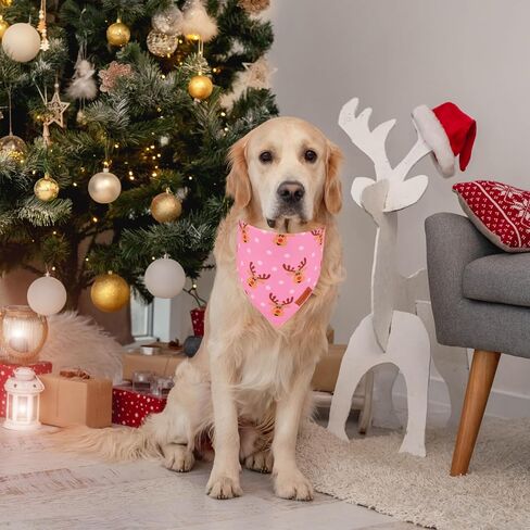 PTDECOR Christmas Dog Bandana,Xmas Pink Scarf Santa Deer Dog Bandana Reversible Holiday Dog Scarf, Pink Female Dog Christmas Bandanas for Medium Large Dogs Pets (Pink, Large) in Kuwait