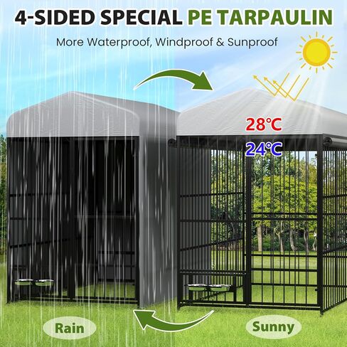 Rovibek Outdoor Dog Kennel with Roof, Dog Kennel Outside Heavy Duty Dog Playpen, Dog Run Enclosure with 2 Rotating Bowl & Sun-Proof Cover Dogs in Saudi Arabia
