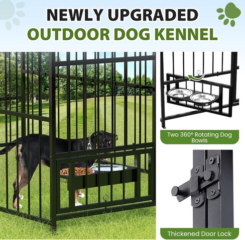 Rovibek Outdoor Dog Kennel with Roof, Dog Kennel Outside Heavy Duty Dog Playpen, Dog Run Enclosure with 2 Rotating Bowl & Sun-Proof Cover Dogs in Saudi Arabia
