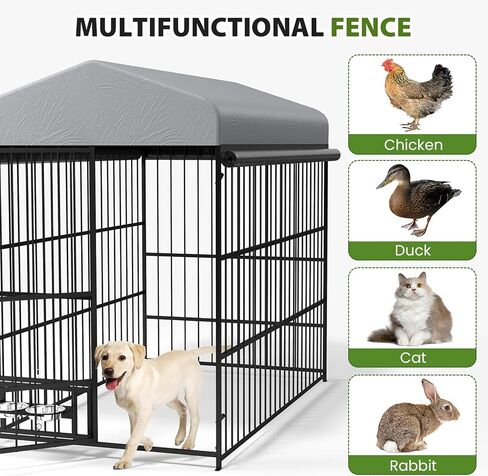 Rovibek Outdoor Dog Kennel with Roof, Dog Kennel Outside Heavy Duty Dog Playpen, Dog Run Enclosure with 2 Rotating Bowl & Sun-Proof Cover Dogs in Saudi Arabia