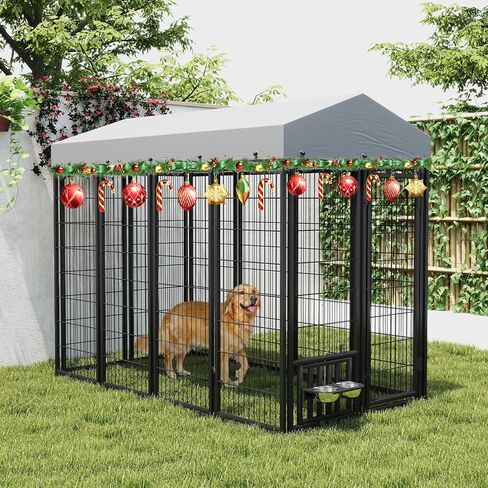 Rovibek Outdoor Dog Kennel with Roof, Dog Kennel Outside Heavy Duty Dog Playpen, Dog Run Enclosure with 2 Rotating Bowl & Sun-Proof Cover Dogs in Saudi Arabia