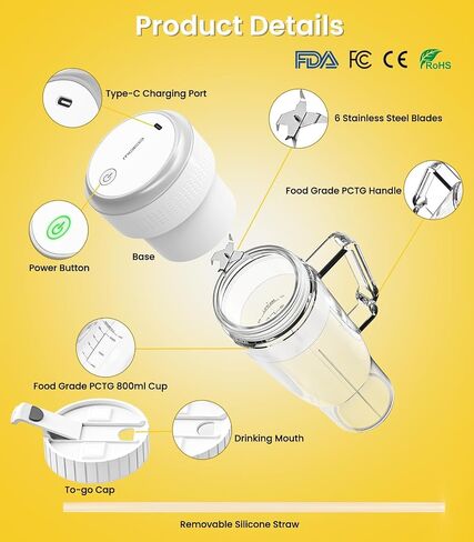 Portable Blender, 300W Blender for Smoothies and Shakes, 22 oz Smoothie Blender with 6 Blades, BPA Free, USB-C Rechargeable, Handle and Straw Lid, Mini Travel Blender for Anywhere, Clear in Saudi Arabia