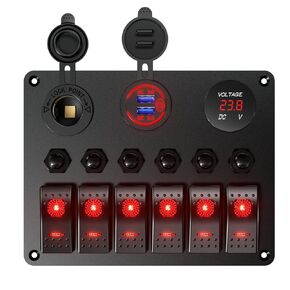 6 Gang Waterproof Marine Boat Rocker Switch Panel Overload Protector 12-24V 36W Dual QC3.0 USB Car Charger + LED Digital Voltmeter + Cigarette Lighter Socket for Boat, Marine, UTV, Truck, Car (Blue)