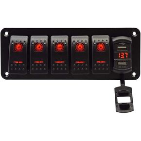 5 Gang Rocker Switch Aluminum Panel with 4.8 Amps Dual USB Rocker Style Fast Charger with Voltmeter Blue Backlit Led Pre-Wired for Marine Boat RV Truck