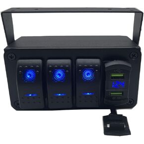 Marine Boat Panel 3 Gang Rocker Switch Box 12V ON Off Switch Quick Charge 3.0 Dual USB Charger Voltmeter Waterproof Aluminum Rocker Switch Panel Night Glow Stickers for Boats RVs Trucks Cars