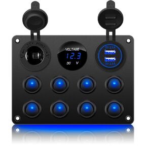 8 Gang Rocker Switch Panel 12V Waterproof Toggle Switch Panel Led Aluminum Digital Voltmeter Display 4.2A Dual USB Charger Port DC 12 & 24 Volt Socket for RV Car Vehicles Truck Boat Marine