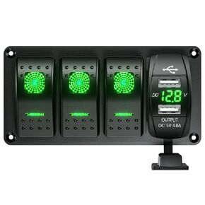 3 Gang Rocker Switch Aluminum Panel with Voltmeter & Dula USB Charger (4.8 Amp) 12V/24V DC Rocker Switch with Night Glow Stickers, Waterproof for Marine, Boat, Car, Truck, Jeep (Green)