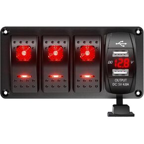 3 Gang Rocker Switch Aluminum Panel with Voltmeter & Dula USB Charger (4.8 Amp) 12V/24V DC Rocker Switch with Night Glow Stickers, Waterproof for Marine, Boat, Car, Truck, Jeep (Green) in Kuwait