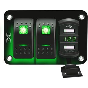 FXC 12V 24V DC 3 Gang Rocker Switch Aluminum Panel with Voltmeter & Dual USB(4.8 A) Fast Charging, Green Backlit Led, Pre-Wired Waterproof for Marine, Boat, Car, Truck, Polaris, Jeep (Green)