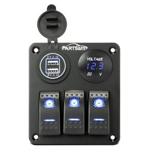 Partsam 5 Gang Rocker Switch Panel 12V-24V الألومنيوم قارب البحرية تبديل التبديل مع 4.8A شاحن USB مزدوج الفولتميتر مقاوم للماء لسيارة بيك اب RV فان SUV UVT ATV ​​دراجة نارية