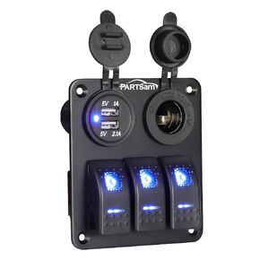 Partsam 5 Gang Rocker Switch Panel 12V-24V Aluminum Boat Marine Toggle Switch with 4.8A Dual USB Charger Voltmeter Waterproof for Car Pickup RV Van SUV UVT ATV Motorcycle
