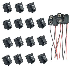 Mini Rocker Switches AC 6A 250V 2Solder Lug,with 9V Battery Clip Connector Buckles Pack of 20