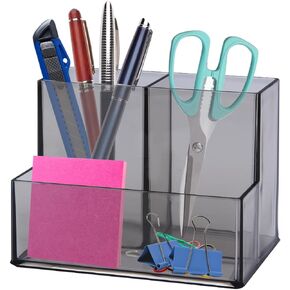 Pen Holder, Clear Acrylic Makeup Brush Holder, Pencil Holder for Desk with Sticky Notes Holder and 3 Compartments, Pencil Organizer for Pen, Art Supply, Makeup Brush (Black)