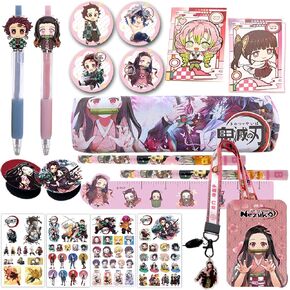 Anime Gift Set Include Pencil,Rollerball Pen, Ruler,Card Holder with Lanyard,Notebook,Tattoo Sticker,Phone Ring Holder,Button Pins