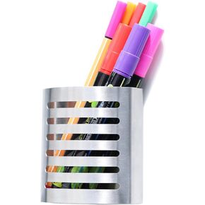 Sanpaint Magnetic Modern Pen and Pencil Holder, Metal Writing Utensil Storage Organizer for Kitchen, Locker, Home, or Office, 3.25" x 1.75" x 3.50", Brushed Stainless Steel