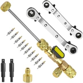 Ausfyyam Valve Core Remover Installer Tool & HVAC Service Wrench Set with Hex Bit Adapters, Dual Size SAE 1/4 & 5/16 Port,3/8'' to 1/4'', 5/16'' x 1/4'' Refrigeration Service Wrench,10pcs Valve Core