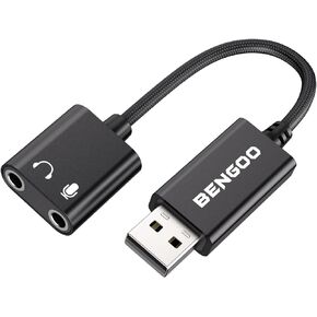 محول بطاقة صوت USB من BENGOO، محول صوت USB 3.5 مم جاك، بطاقة صوت خارجية مع سماعة رأس TRS مزدوجة ومقبس ميكروفون لأجهزة الكمبيوتر المحمول التي تعمل بنظام التشغيل Windows Mac Linux وأجهزة الكمبيوتر المكتبية وسماعات PS4، أسود in Kuwait