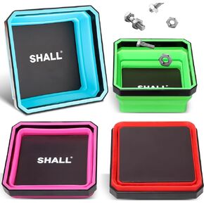SHALL New Version Collapsible Magnetic Parts Tray Set, 4-Pack Magnetic Tool Trays for Screw Bolts Nuts Washers Pins & Small Metal Parts, 4.5" Square Silicone Foldable Bowls w/Dual-Sided Magnetic Base