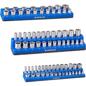 Spurtar Magnetic Socket Organizer 6 Piece, Metric and SAE Magnetic Socket Holder Includes 1/4-Inch, 3/8-Inch, 1/2-Inch Drive Metric SAE Socket Trays, Holds 143 Standard Size and Deep Size Socket