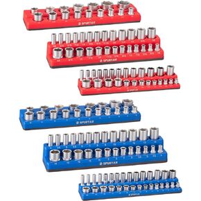 Spurtar Magnetic Socket Organizer 6 Piece, Metric and SAE Magnetic Socket Holder Includes 1/4-Inch, 3/8-Inch, 1/2-Inch Drive Metric SAE Socket Trays, Holds 143 Standard Size and Deep Size Socket