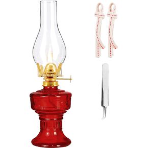 Kerosene Oil Lamp,1 Vintage Kerosene Lamp,1 Tweezers and 2 Wicks,Glass Hurricane Lantern for Indoor Lighting Decoration Outdoor Camping Use (Red)