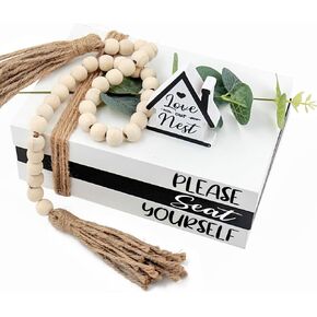 Wood Decorative Books for Home Decor,Rustic Farmhouse Book Stack Wood Faux Books for Living Room Book Shelf Decor Decorative Books Display with Wood Bead Tassels and Leaves for Home Decor
