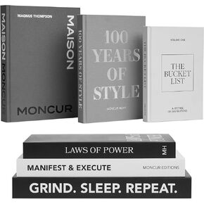 Decorative Books Set of 3 Fake Books for Decoration Real Blank Pages, Shades of Gray Black & White Motivational Removable Covers for Aesthetic Room Decor, Coffee Table Decor and Office Décor