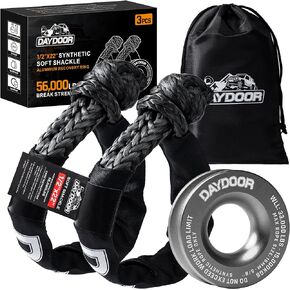 DAYDOOR Synthetic Soft Shackle & Winch Recovery Ring Kit, 2 PCS 1/2'' x 22'' Recovery Soft Shackle(56,000Lbs Breaking Strength), 1 PCS Snatch Recovery Ring for ATV UTV Off-Road Vehicles(Red Ring)