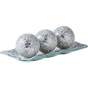 KMwares 12.4" Mosaic Glass Decorative Tray Dish Plate with 3pcs 3" Decorative Orbs Balls Sphere Decor for Living Room or Dining Table Coffee Table Mantle Decor Centerpiece (Turquoise) in Kuwait