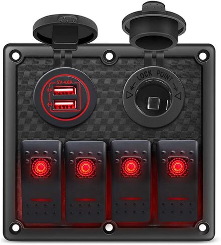 Gerguirry 4 عصابة الأحمر البحرية لوحة التبديل الروك مع الصمامات 12V / 24V شاحن USB مزدوج ومقبس الطاقة تبديل لوحة التبديل للماء للسيارة البحرية RV شاحنة قارب in Kuwait