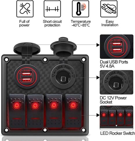 Gerguirry 4 عصابة الأحمر البحرية لوحة التبديل الروك مع الصمامات 12V / 24V شاحن USB مزدوج ومقبس الطاقة تبديل لوحة التبديل للماء للسيارة البحرية RV شاحنة قارب in Kuwait