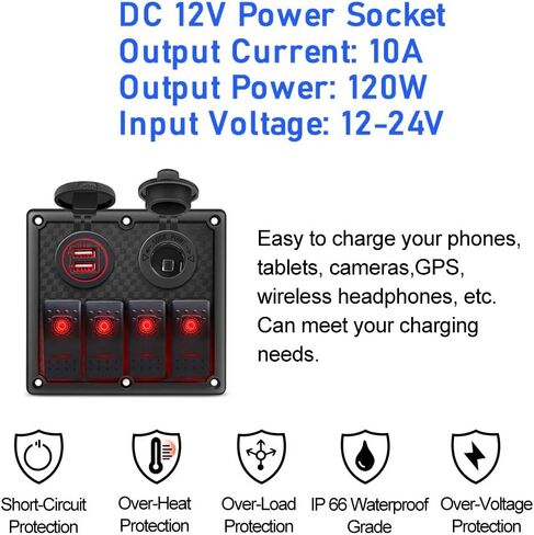 Gerguirry 4 عصابة الأحمر البحرية لوحة التبديل الروك مع الصمامات 12V / 24V شاحن USB مزدوج ومقبس الطاقة تبديل لوحة التبديل للماء للسيارة البحرية RV شاحنة قارب in Kuwait